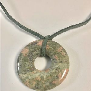 Semi precious Jasper donut pendant suede olive green necklace, claw clap closure